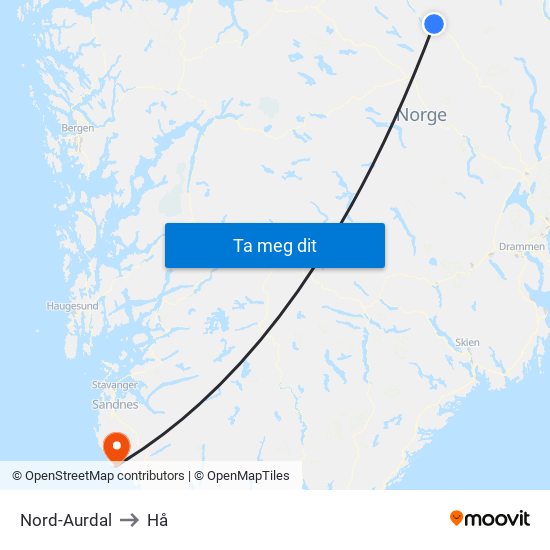 Nord-Aurdal to Hå map