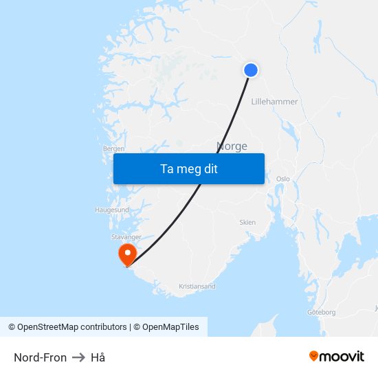 Nord-Fron to Hå map