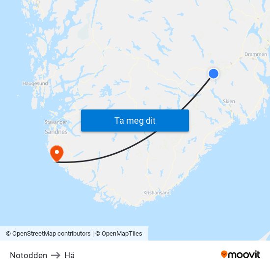 Notodden to Hå map