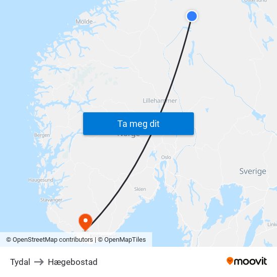 Tydal to Hægebostad map