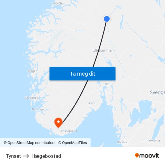 Tynset to Hægebostad map