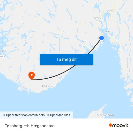 Tønsberg to Hægebostad map