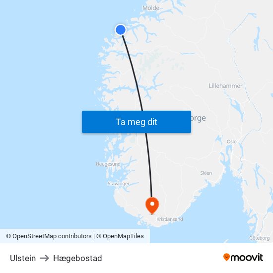 Ulstein to Hægebostad map