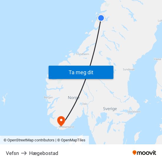 Vefsn to Hægebostad map