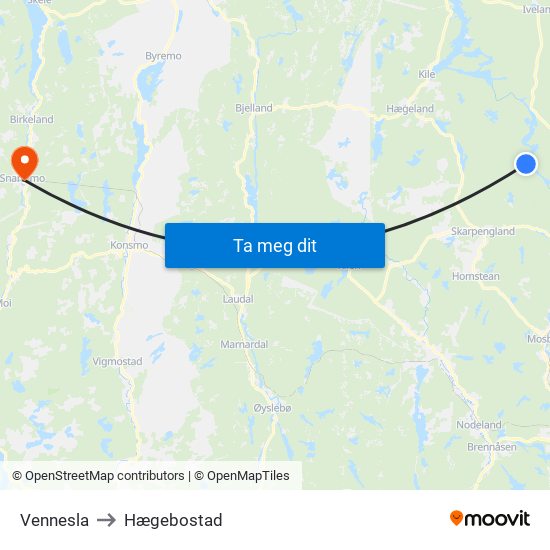 Vennesla to Hægebostad map