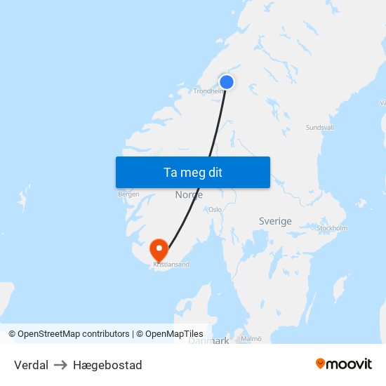 Verdal to Hægebostad map