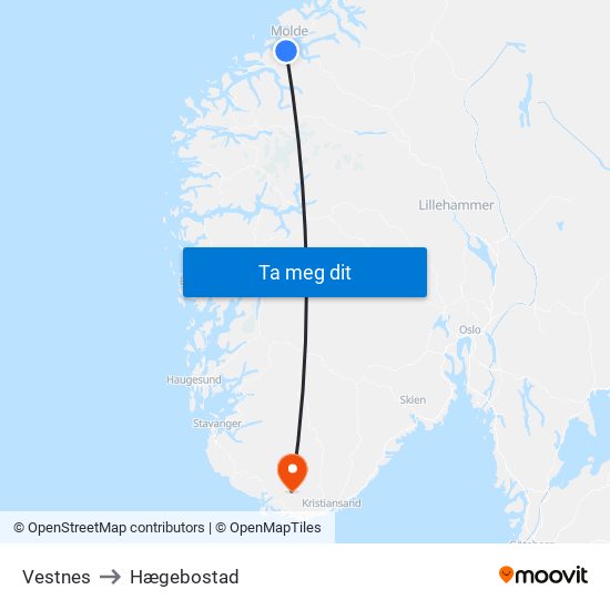 Vestnes to Hægebostad map