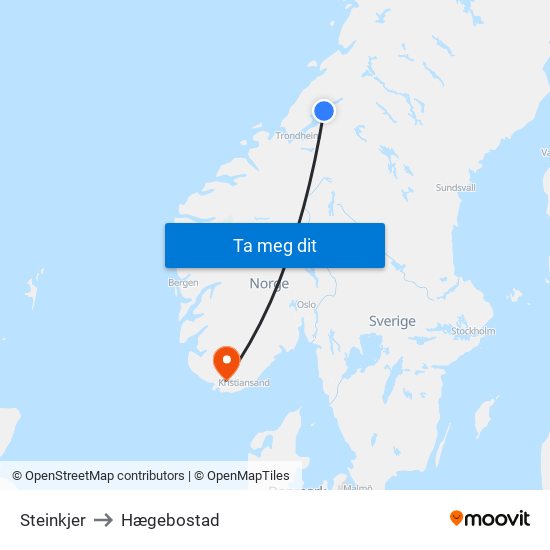 Steinkjer to Hægebostad map