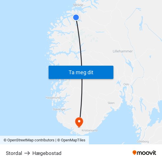 Stordal to Hægebostad map