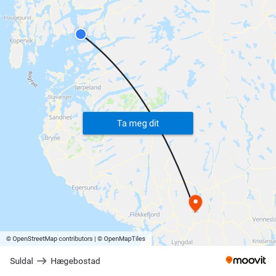 Suldal to Hægebostad map