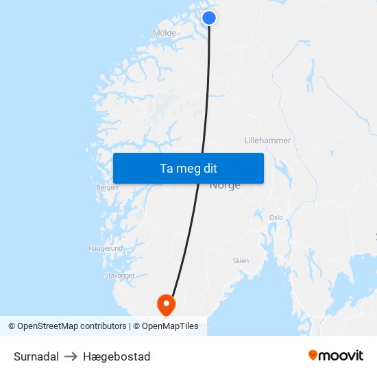 Surnadal to Hægebostad map