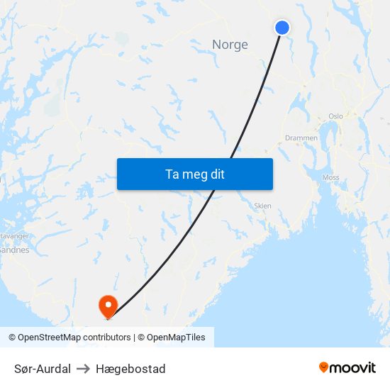 Sør-Aurdal to Hægebostad map