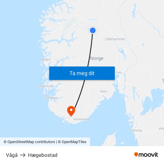 Vågå to Hægebostad map