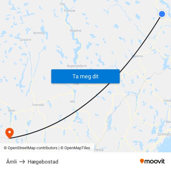 Åmli to Hægebostad map