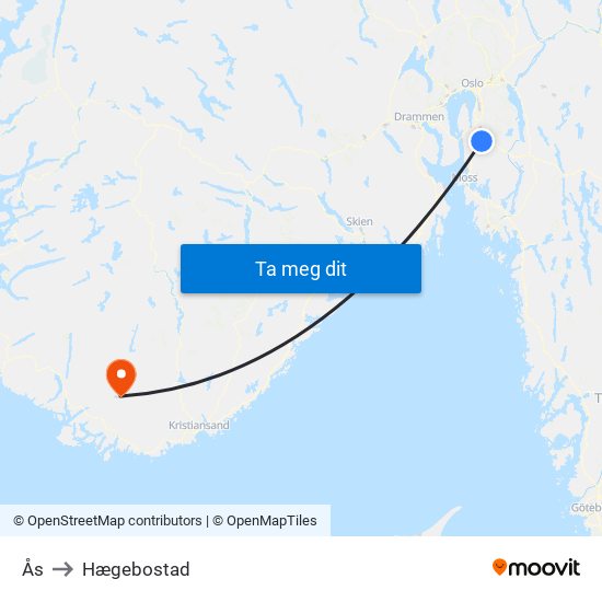 Ås to Hægebostad map