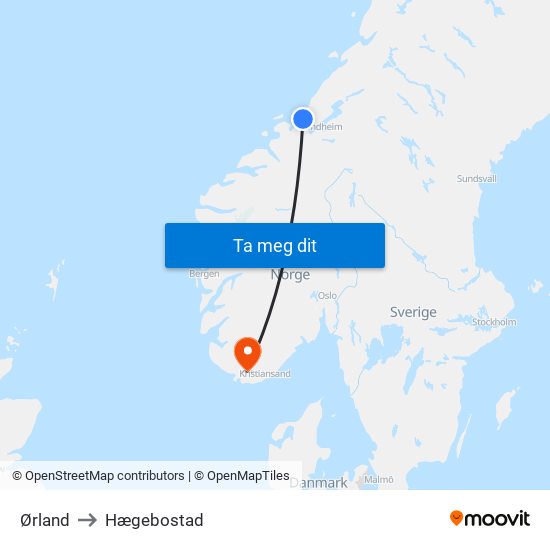 Ørland to Hægebostad map