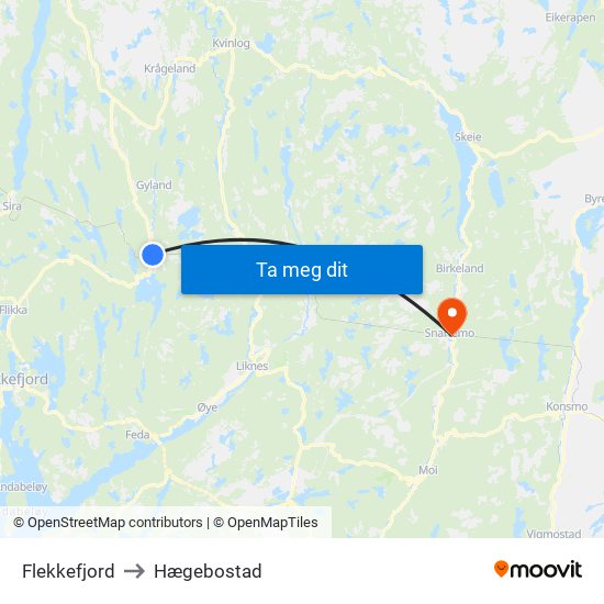 Flekkefjord to Hægebostad map