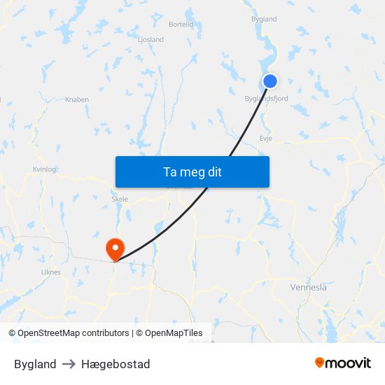 Bygland to Hægebostad map