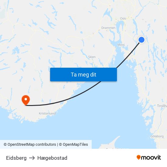 Eidsberg to Hægebostad map