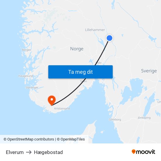 Elverum to Hægebostad map