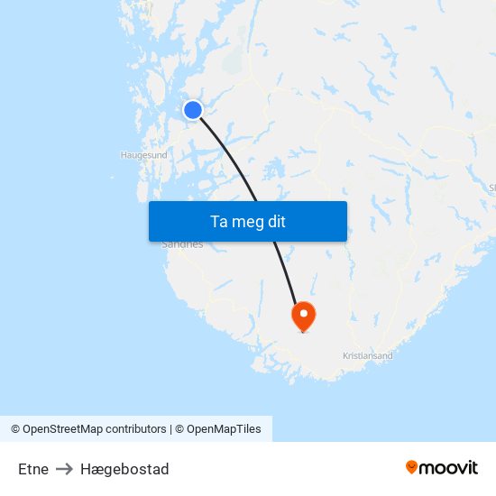 Etne to Hægebostad map