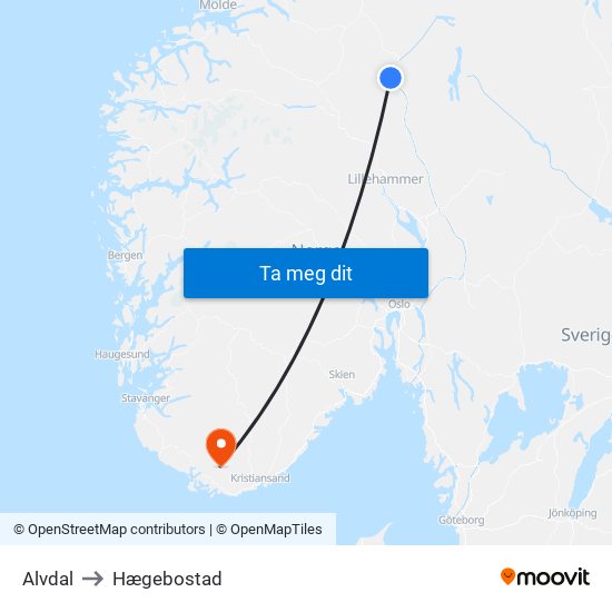 Alvdal to Hægebostad map