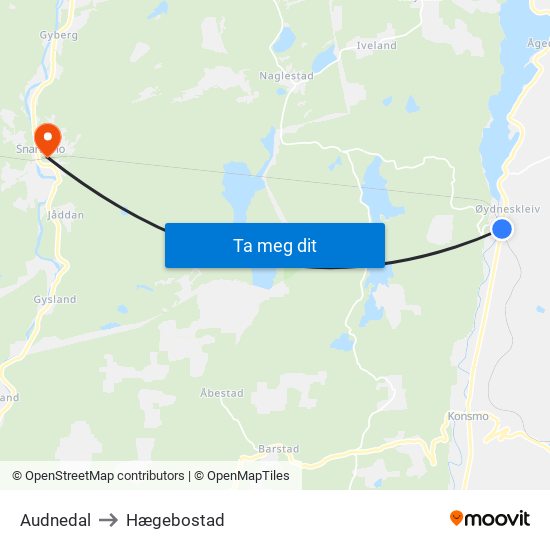 Audnedal to Hægebostad map