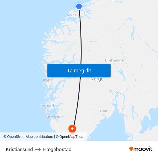 Kristiansund to Hægebostad map