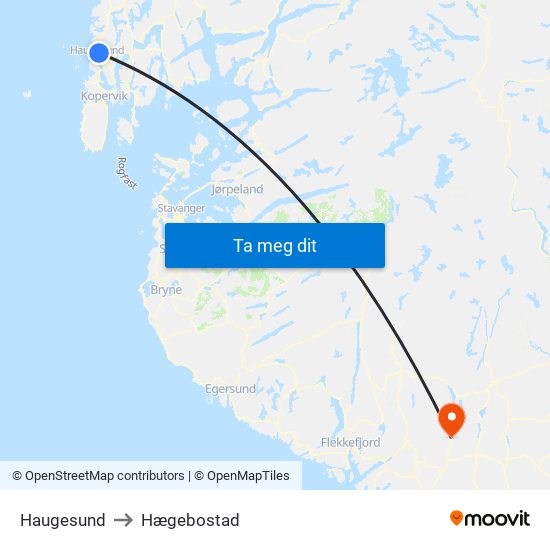 Haugesund to Hægebostad map