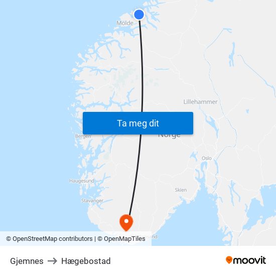 Gjemnes to Hægebostad map