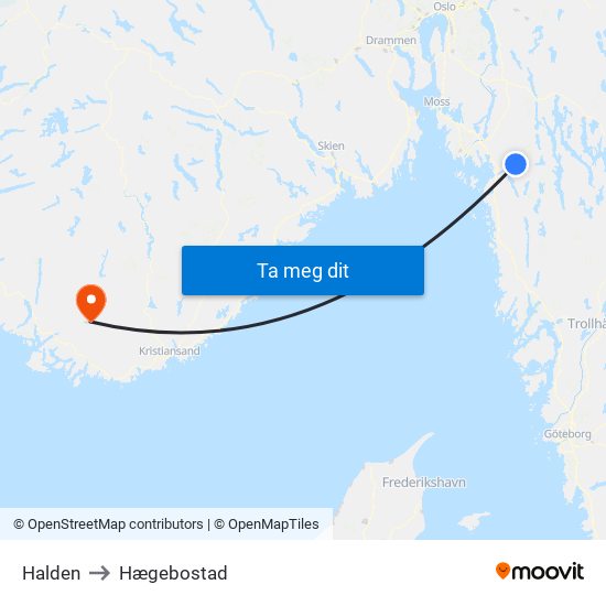 Halden to Hægebostad map