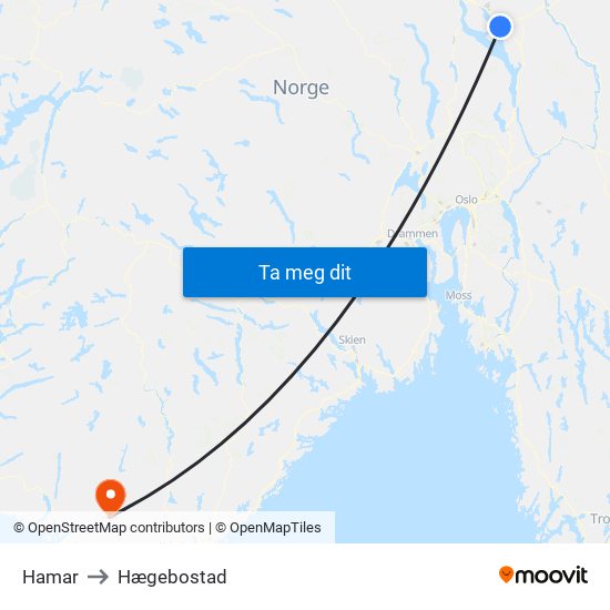 Hamar to Hægebostad map