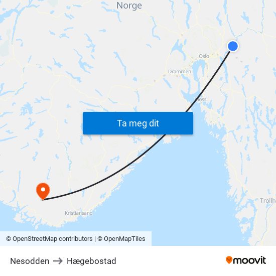 Nesodden to Hægebostad map