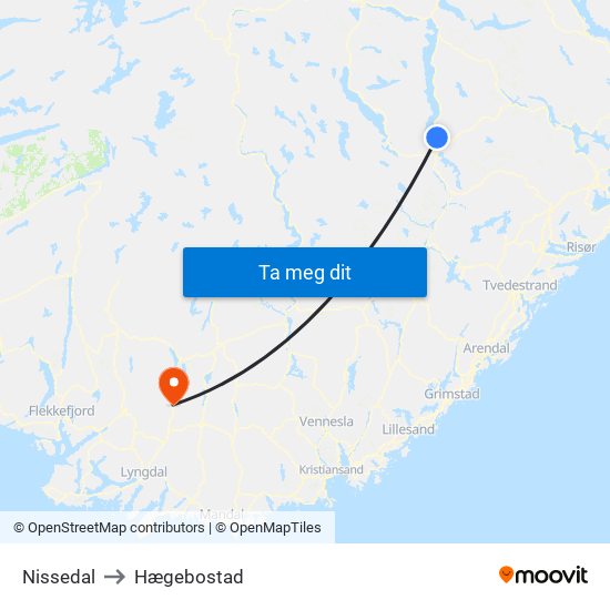 Nissedal to Hægebostad map