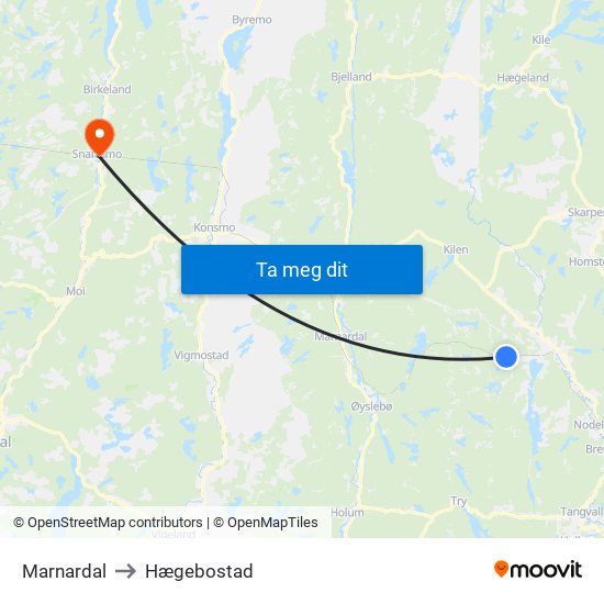 Marnardal to Hægebostad map