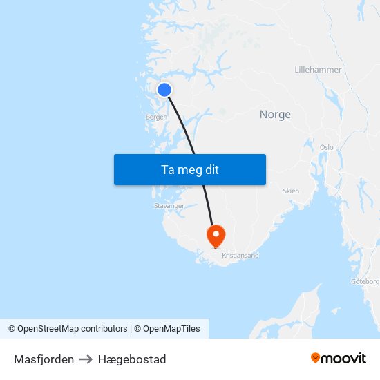 Masfjorden to Hægebostad map