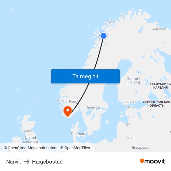 Narvik to Hægebostad map
