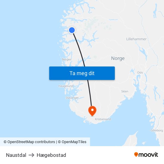 Naustdal to Hægebostad map