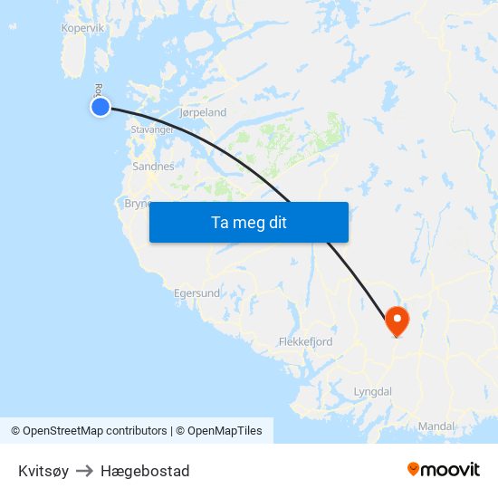 Kvitsøy to Hægebostad map