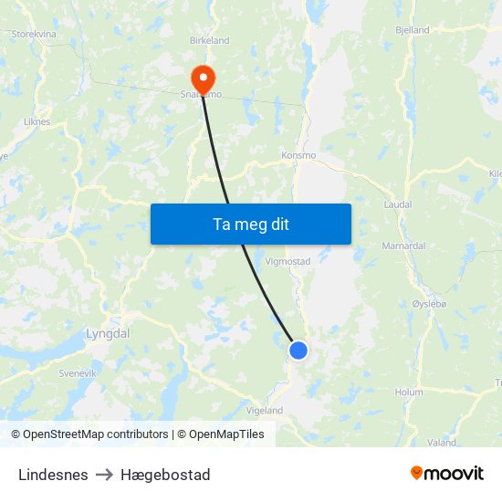 Lindesnes to Hægebostad map