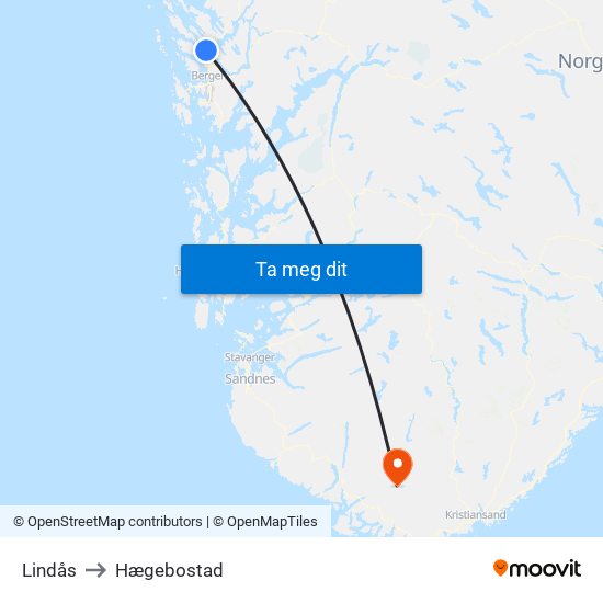 Lindås to Hægebostad map