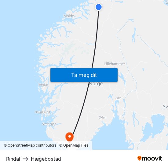 Rindal to Hægebostad map