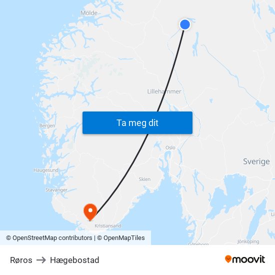 Røros to Hægebostad map