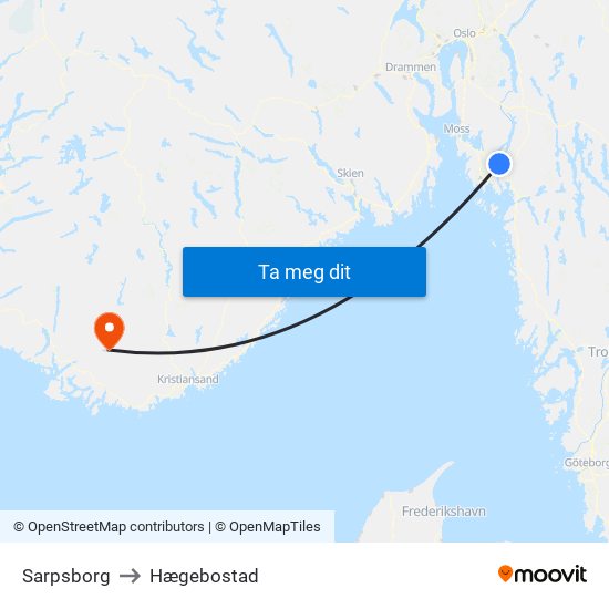 Sarpsborg to Hægebostad map