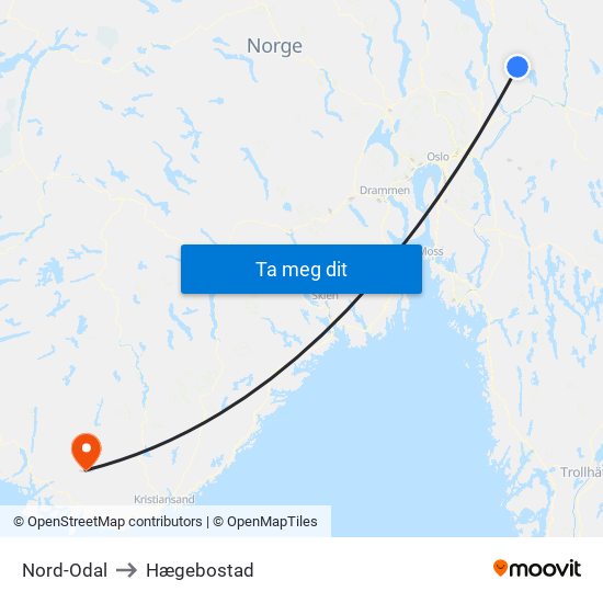 Nord-Odal to Hægebostad map