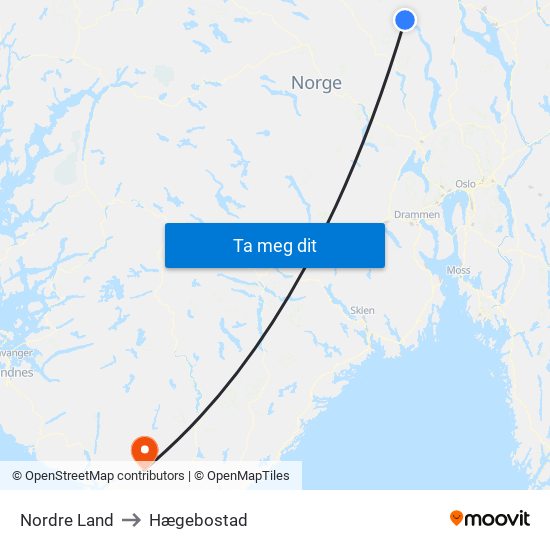 Nordre Land to Hægebostad map
