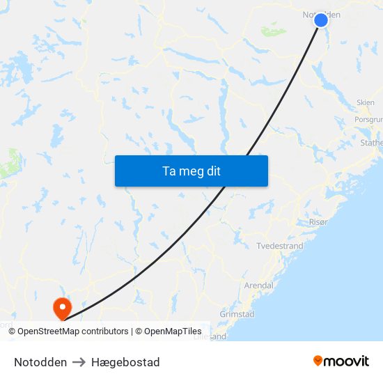 Notodden to Hægebostad map