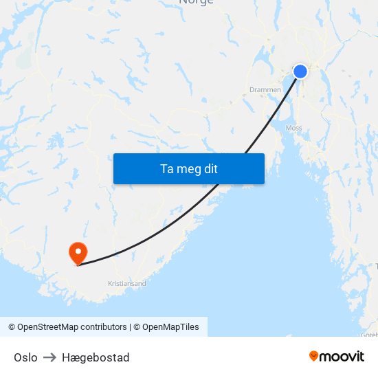 Oslo to Hægebostad map