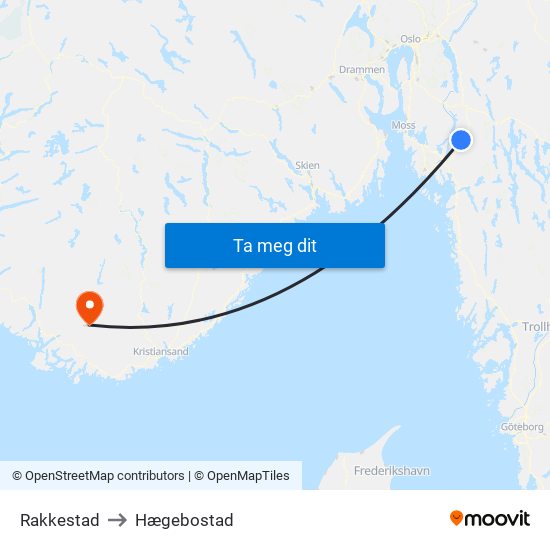 Rakkestad to Hægebostad map