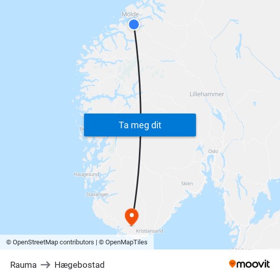 Rauma to Hægebostad map